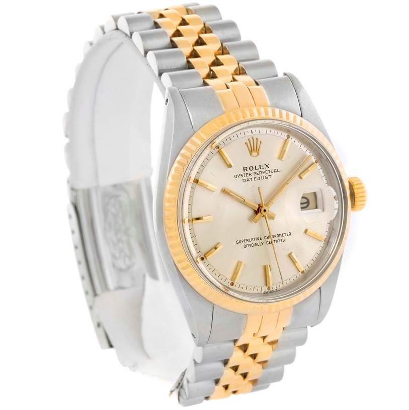 This image shows a close-up angled view of the Rolex Vintage Collection 1601 Men's Stainless Steel Silver Dial 1601 Men's Stainless Steel Silver Dial watch in gold and silver with a bracelet band.