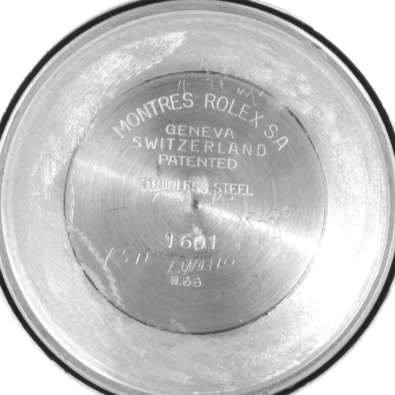 This image shows the inside case back of a Rolex Vintage Collection 1601 Men's Stainless Steel Silver Dial 1601 Men's Stainless Steel Silver Dial model, specifically model 1601, indicating it is made of stainless steel.