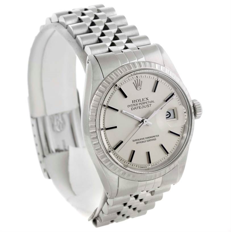 The Rolex Vintage Collection 1603 Men's Stainless Steel Silver Dial 1603 Men's Stainless Steel Silver Dial model watch is shown at an angled view featuring the dial, bezel, crown, and bracelet.