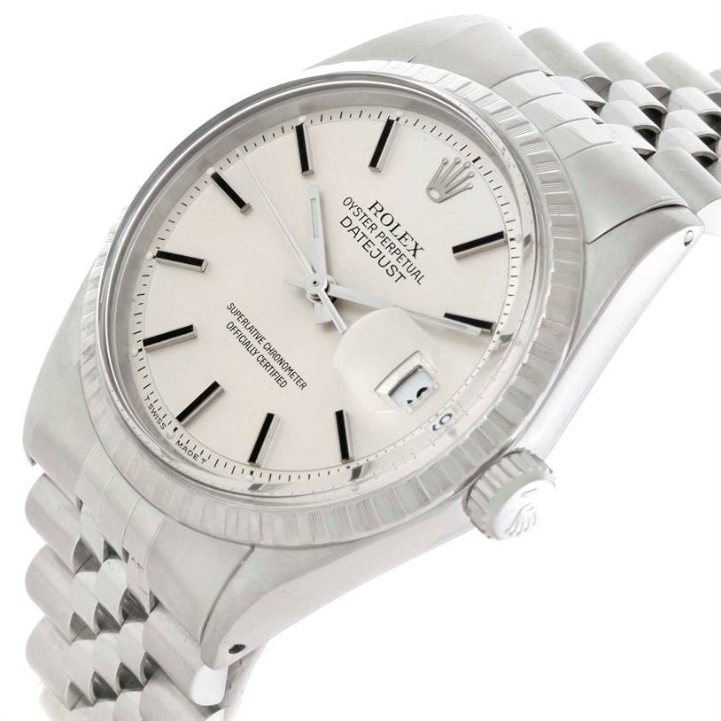 This image shows a Rolex Vintage Collection 1603 Men's Stainless Steel Silver Dial 1603 Men's Stainless Steel Silver Dial Datejust watch from an angled side view, highlighting the face, bezel, and part of the bracelet.