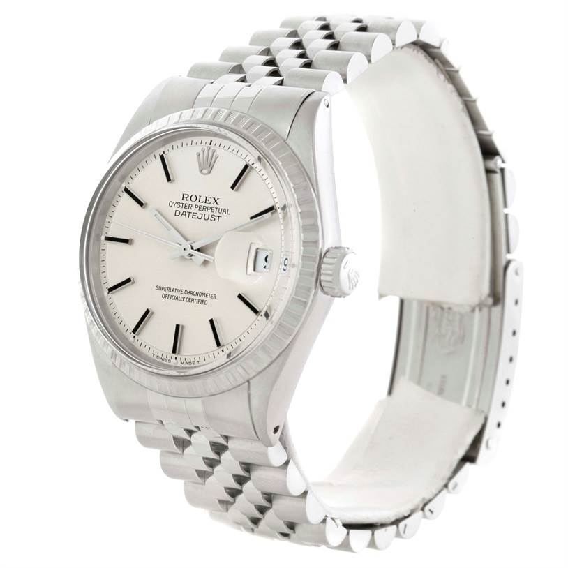 The image shows a front and slight side view of a Rolex Vintage Collection 1603 Men's Stainless Steel Silver Dial 1603 Men's Stainless Steel Silver Dial Datejust watch, highlighting its dial, bezel, and bracelet.