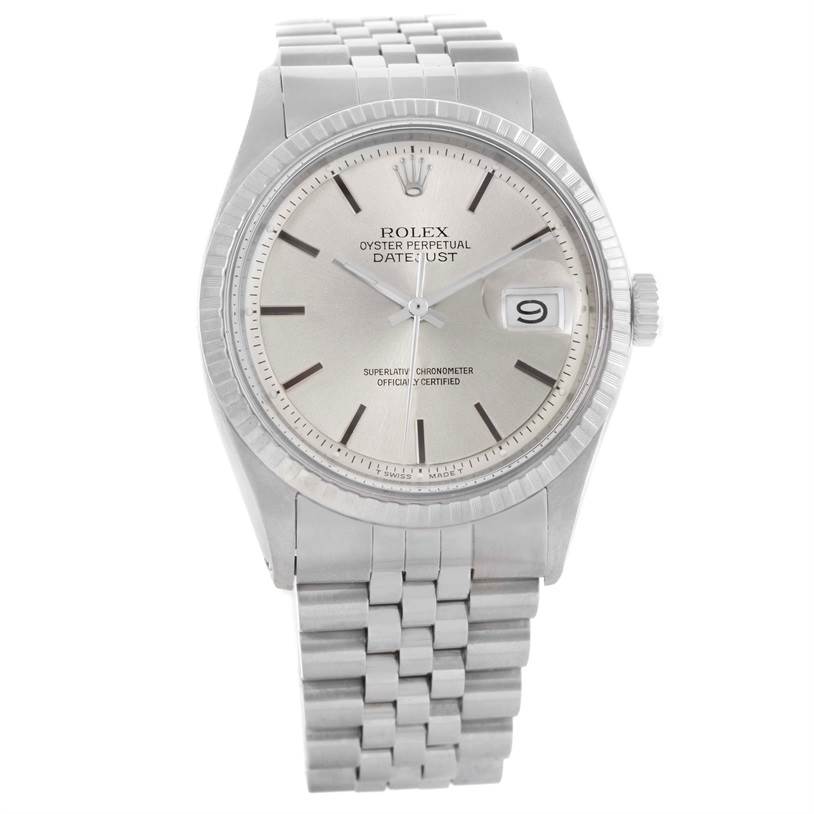 This image shows a Rolex Oyster Perpetual Datejust Vintage Collection watch, highlighting its face, bezel, and bracelet.