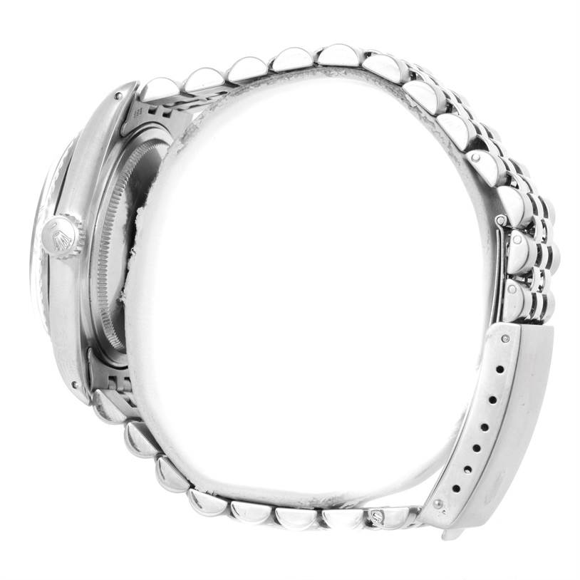 The image shows a side view of a Rolex Vintage Collection 16030 Men's Stainless Steel Silver Dial 16030 Men's Stainless Steel Silver Dial watch, highlighting its bracelet and crown.