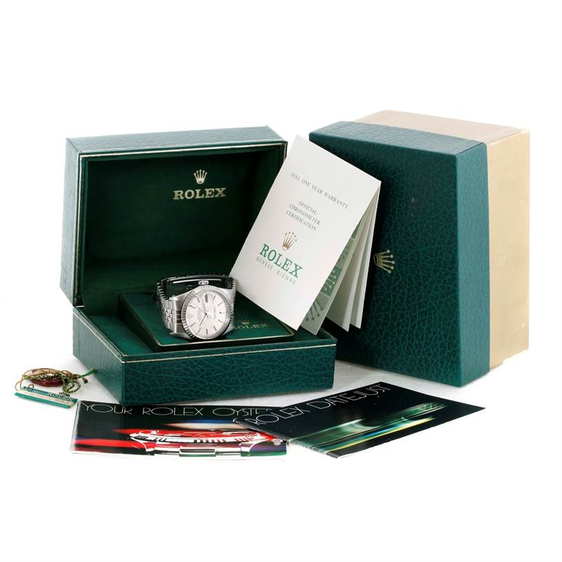 The image shows a Rolex Vintage Collection 16030 Men's Stainless Steel Silver Dial 16030 Men's Stainless Steel Silver Dial watch in its box, with manuals, tags, and outer packaging at an angle.