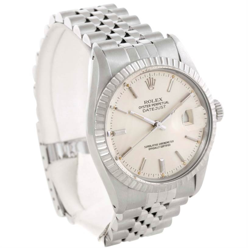 The image shows a Rolex Vintage Collection 16030 Men's Stainless Steel Silver Dial 16030 Men's Stainless Steel Silver Dial Oyster Perpetual Datejust watch at a three-quarter angle, highlighting the face, bezel, and metal bracelet.