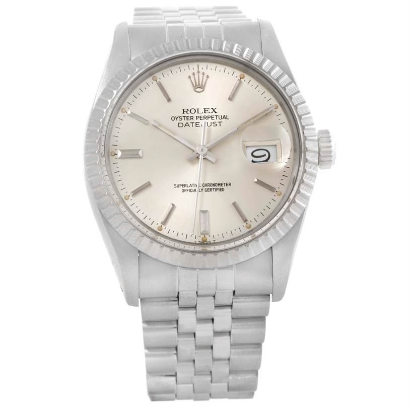 The image shows a front view of the Rolex Vintage Collection 16030 Men's Stainless Steel Silver Dial 16030 Men's Stainless Steel Silver Dial Oyster Perpetual Datejust watch, highlighting its dial, bezel, and bracelet.