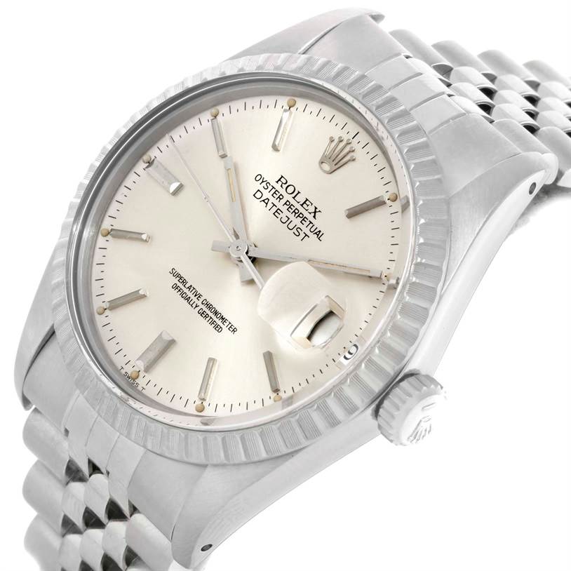 The Rolex Vintage Collection 16030 Men's Stainless Steel Silver Dial 16030 Men's Stainless Steel Silver Dial model watch is shown at a tilted angle, highlighting its face, bezel, dial, and bracelet.
