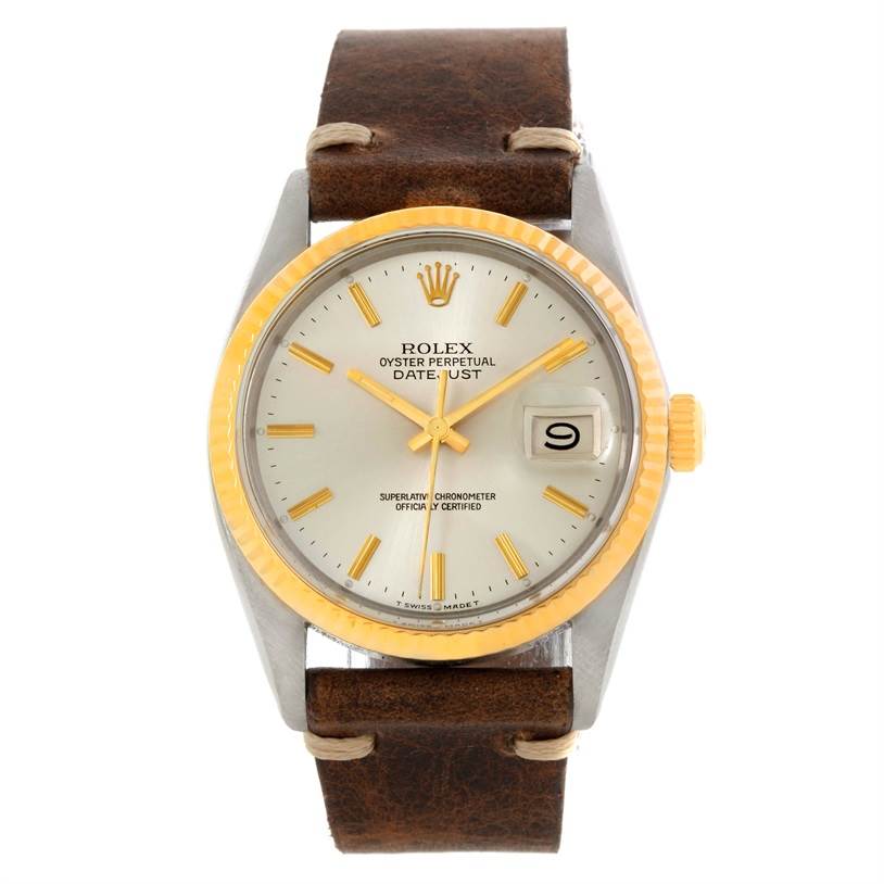 The image shows a front view of a Rolex Vintage Collection 16013 Men's Stainless Steel Silver Dial 16013 Men's Stainless Steel Silver Dial Oyster Perpetual Datejust watch with a brown leather strap.