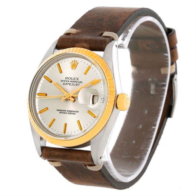 Rolex Datejust Mens Steel Yellow Gold Brown Strap Vintage Watch 16013 SwissWatchExpo