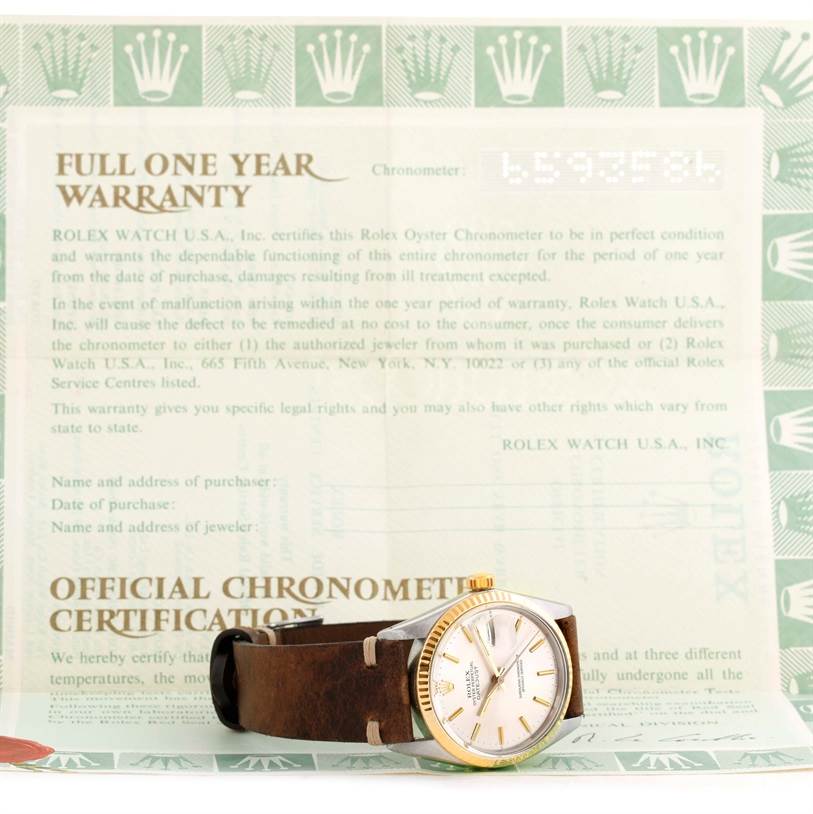 The image shows a Rolex Vintage Collection 16013 Men's Stainless Steel Silver Dial 16013 Men's Stainless Steel Silver Dial watch placed next to its full one-year warranty certificate and chronometer certification.