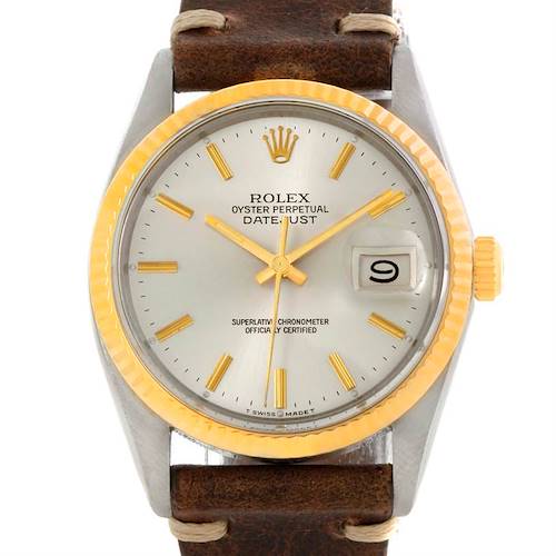 Photo of Rolex Datejust Mens Steel Yellow Gold Brown Strap Vintage Watch 16013
