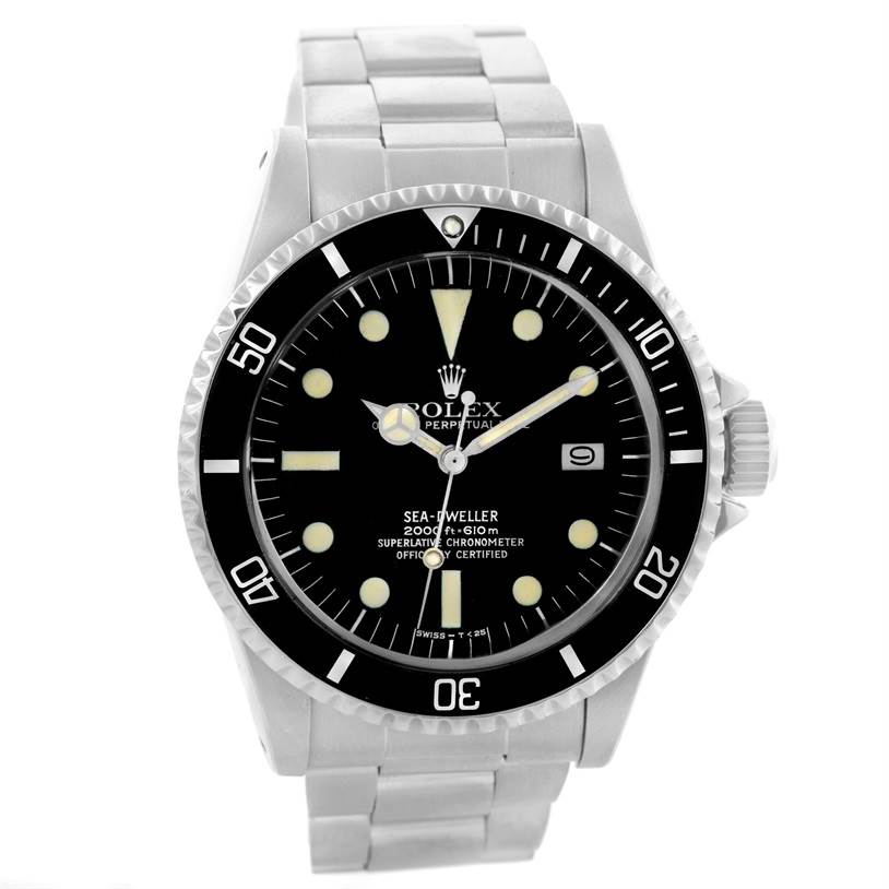 This is a front view of the Rolex Vintage Collection 1665 Men's Stainless Steel Black Dial 1665 Men's Stainless Steel Black Dial Sea-Dweller watch, showing its dial, bezel, and bracelet.
