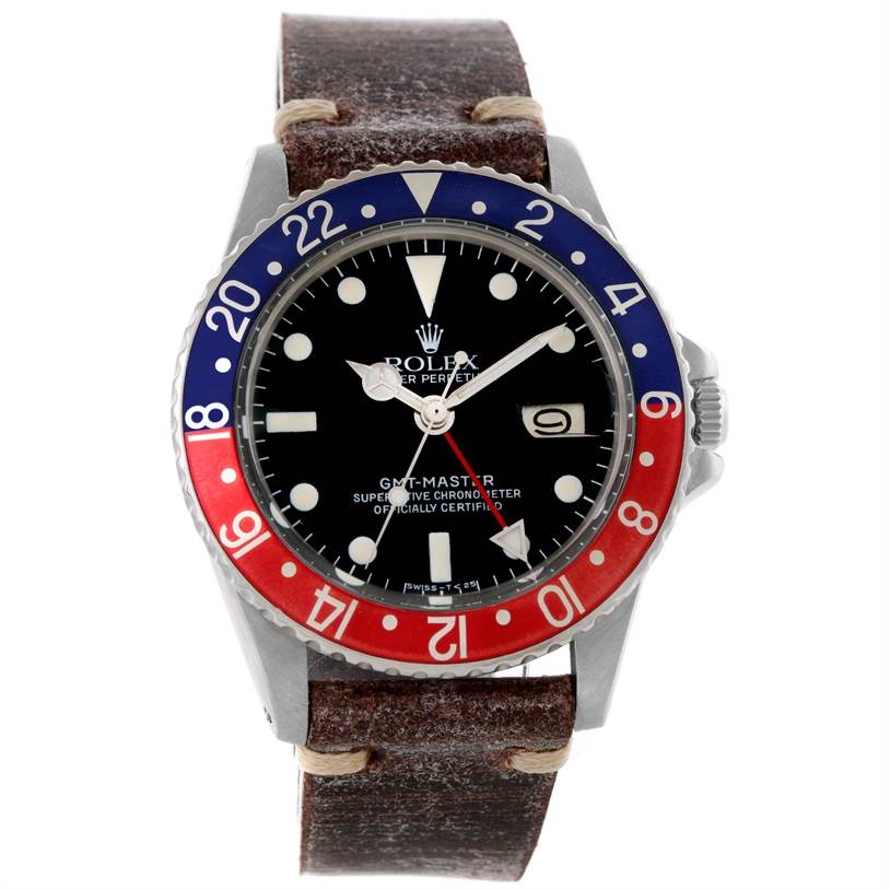 The Rolex Vintage Collection 1675 Men's Stainless Steel Black Dial 1675 Men's Stainless Steel Black Dial GMT-Master is shown from a front angle, displaying the face, bezel, dial, and leather strap.