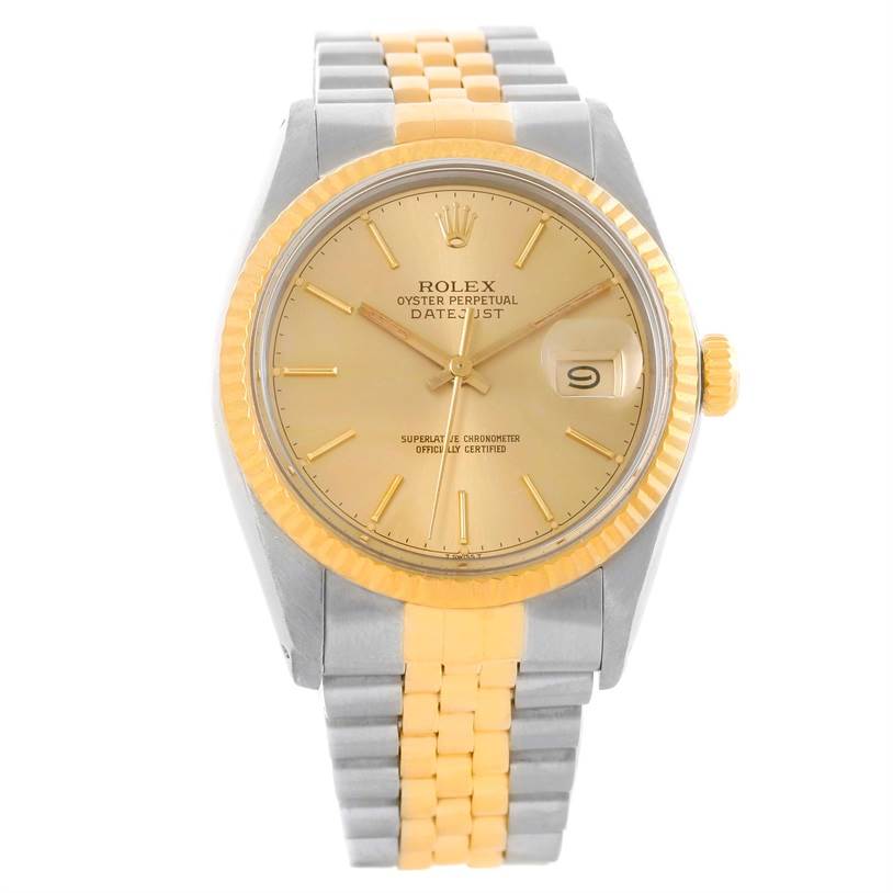The image shows a front view of the Rolex Vintage Collection 16013 Men's Stainless Steel Champagne Dial 16013 Men's Stainless Steel Champagne Dial model, highlighting its face, bezel, and two-tone bracelet.