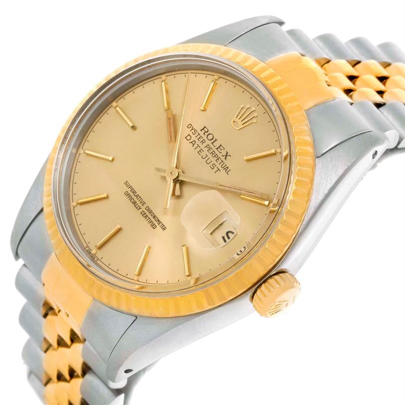 This Rolex Vintage Collection 16013 Men's Stainless Steel Champagne Dial 16013 Men's Stainless Steel Champagne Dial model is shown at a slight angle displaying its gold bezel, dial, crown, and two-tone bracelet.