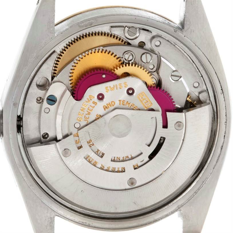 The image shows the inner mechanical parts and movement of the Rolex Vintage Collection 1505 Men's Yellow Gold Champagne Dial 1505 Men's Yellow Gold Champagne Dial watch from a back angle with the case removed.