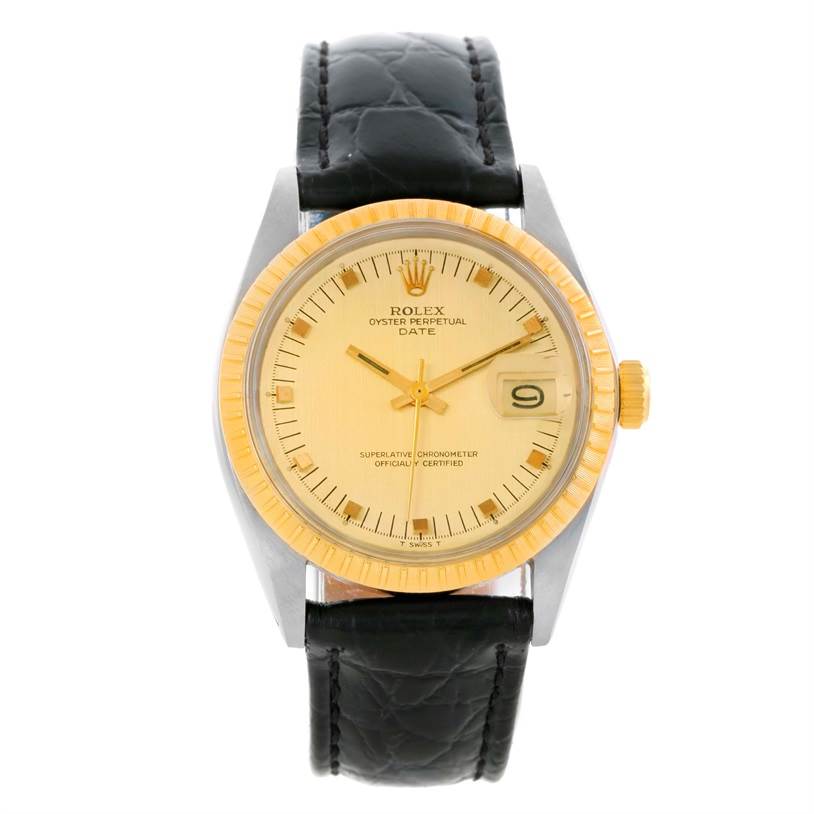 The image shows a front view of the Rolex Vintage Collection 1505 Men's Yellow Gold Champagne Dial 1505 Men's Yellow Gold Champagne Dial watch, featuring a gold dial, bezel, and black leather strap.