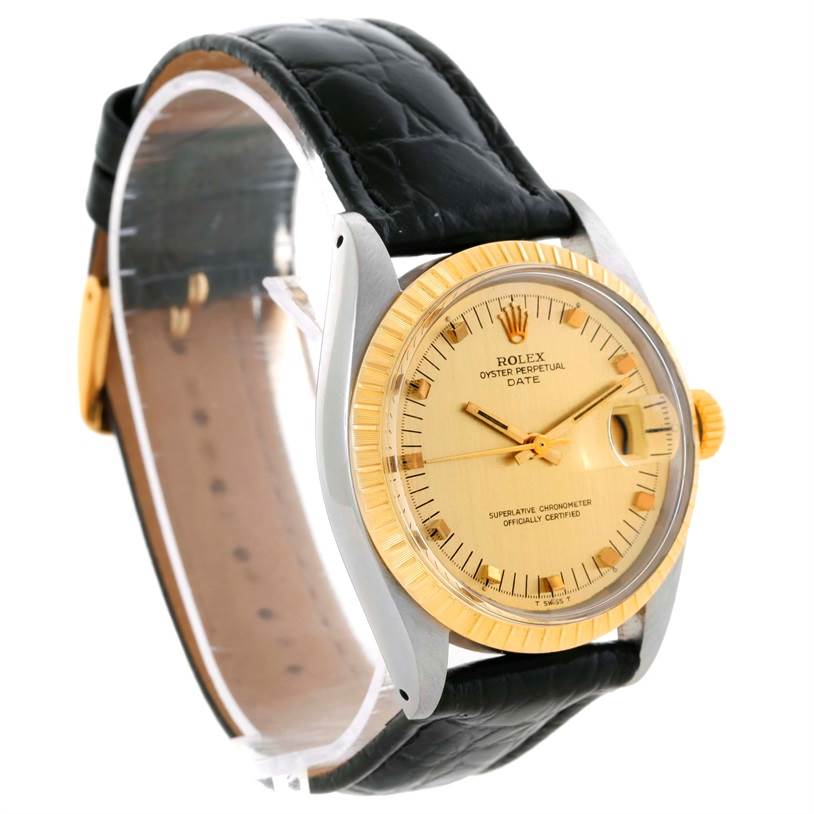 The image shows a Rolex Vintage Collection 1505 Men's Yellow Gold Champagne Dial 1505 Men's Yellow Gold Champagne Dial model watch at a three-quarter angle, displaying the face, bezel, and strap.