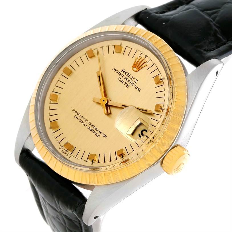 The image shows a close-up, angled view of a Rolex Vintage Collection 1505 Men's Yellow Gold Champagne Dial 1505 Men's Yellow Gold Champagne Dial Oyster Perpetual Date watch, highlighting its dial, bezel, and crown.