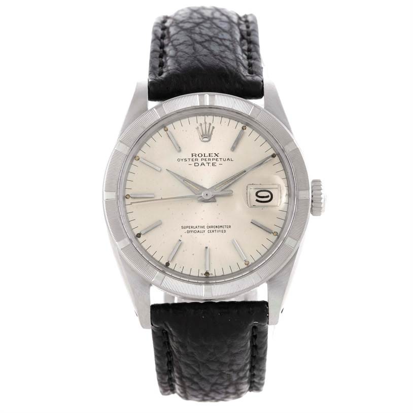 This image shows a front view of the Vintage Collection Rolex Oyster Perpetual Date watch with a leather strap and date window at 3 o'clock.