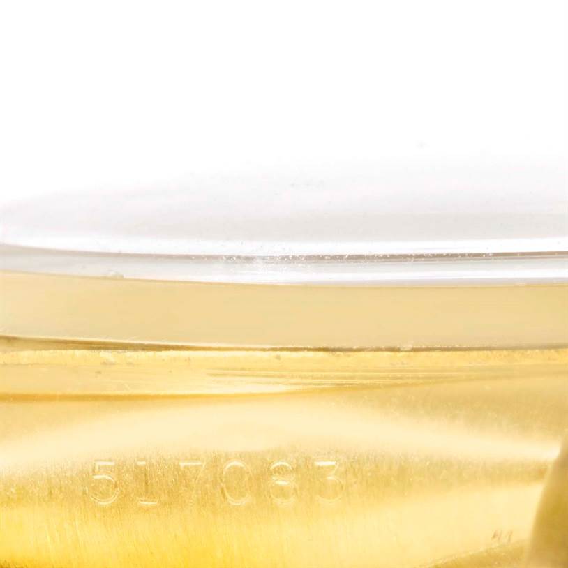 This close-up image shows the case, crystal, and part of the serial number of the Rolex Vintage Collection 3131G Men's Yellow Gold Silver Dial 3131G Men's Yellow Gold Silver Dial model.