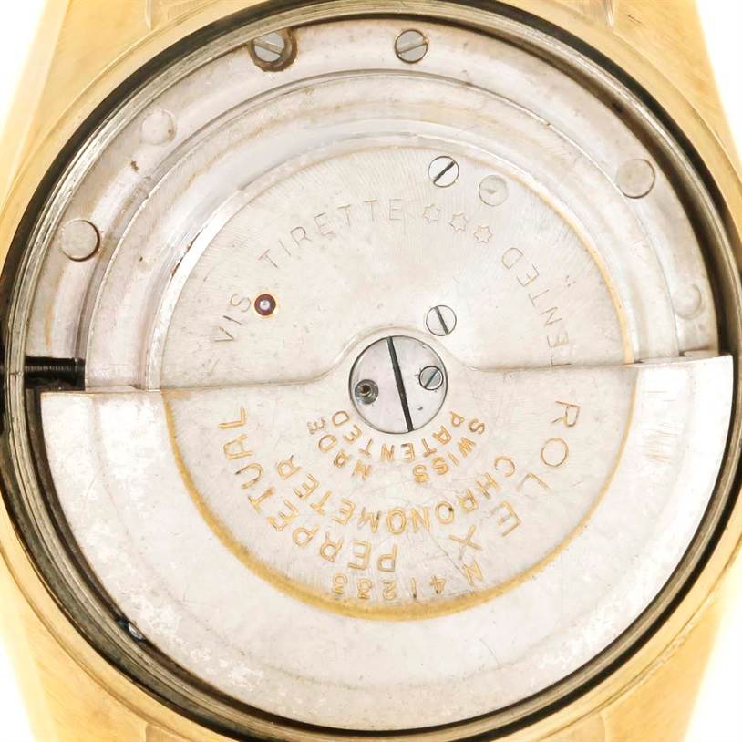 The image shows the intricate internal mechanism of the Rolex Vintage Collection 3131G Men's Yellow Gold Silver Dial 3131G Men's Yellow Gold Silver Dial model from a top-down angle.