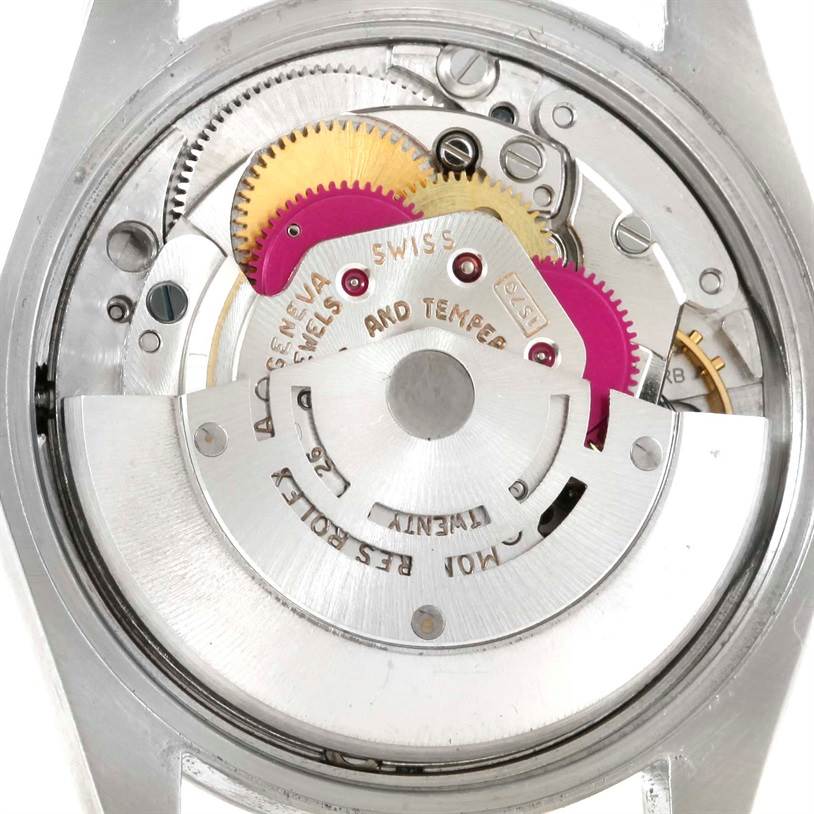 The image shows the internal mechanics of a Rolex Vintage Collection 1500 Men's Stainless Steel Blue Dial 1500 Men's Stainless Steel Blue Dial watch from a rear angle.