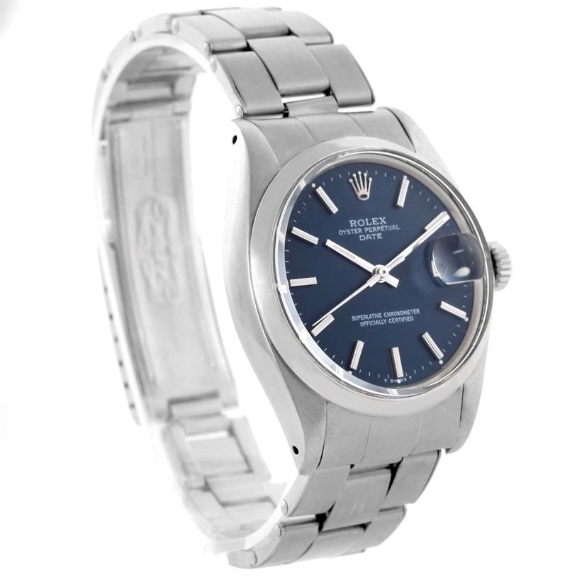 The Rolex Vintage Collection 1500 Men's Stainless Steel Blue Dial 1500 Men's Stainless Steel Blue Dial model watch is shown from an angled side view, highlighting its stainless steel bracelet and blue dial.