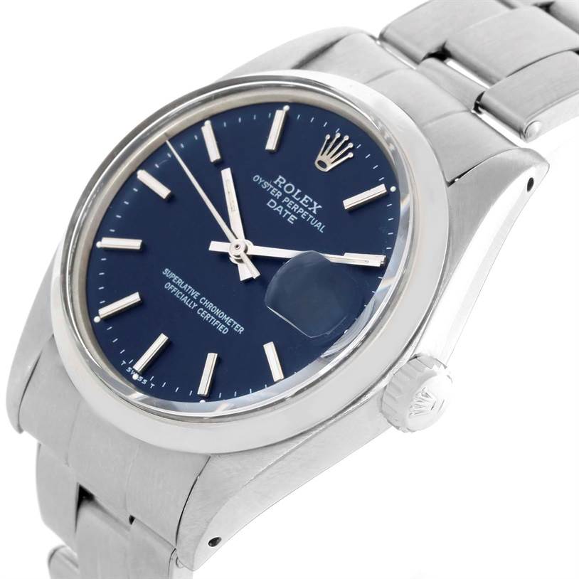 The image shows a close-up side angle of the Rolex Vintage Collection 1500 Men's Stainless Steel Blue Dial 1500 Men's Stainless Steel Blue Dial Oyster Perpetual Date watch, highlighting its blue dial, crown, and bracelet.