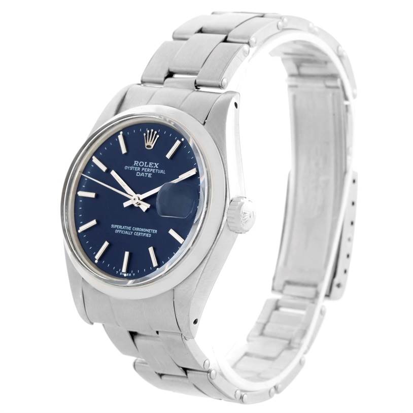 The Rolex Vintage Collection 1500 Men's Stainless Steel Blue Dial 1500 Men's Stainless Steel Blue Dial watch is shown at a slight angle, highlighting its face, bezel, crown, and bracelet.