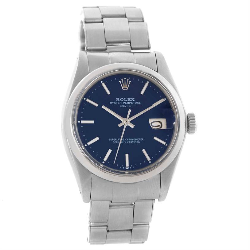 The image shows a front view of the Rolex Vintage Collection 1500 Men's Stainless Steel Blue Dial 1500 Men's Stainless Steel Blue Dial Oyster Perpetual Date watch displaying the dial, crown, and bracelet.
