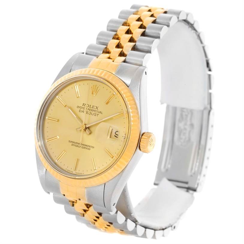 The Rolex Vintage Collection 16013 Men's Stainless Steel Champagne Dial 16013 Men's Stainless Steel Champagne Dial model is shown from an angled side view, highlighting its gold and silver bracelet and face.