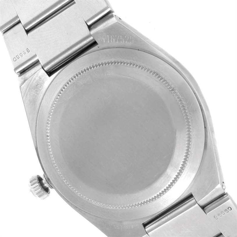 The back view of the Rolex Vintage Collection 1530 Men's Stainless Steel Silver Dial 1530 Men's Stainless Steel Silver Dial model shows the case back and part of the stainless steel bracelet.