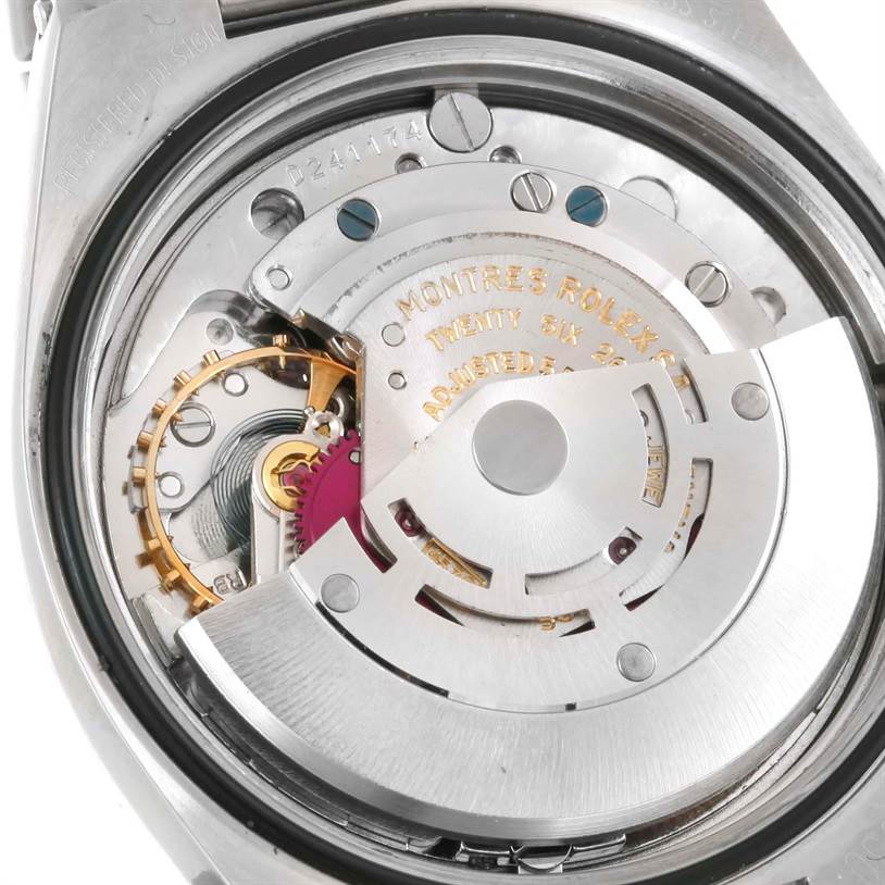 This image shows a close-up view of the movement and internal mechanism of the Rolex Vintage Collection 1530 Men's Stainless Steel Silver Dial 1530 Men's Stainless Steel Silver Dial watch.