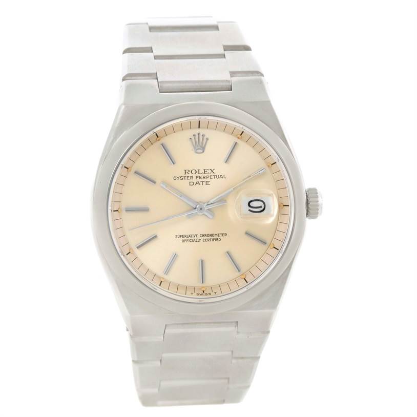 The image shows a frontal view of the Rolex Vintage Collection 1530 Men's Stainless Steel Silver Dial 1530 Men's Stainless Steel Silver Dial model, including the dial, bracelet, and crown.