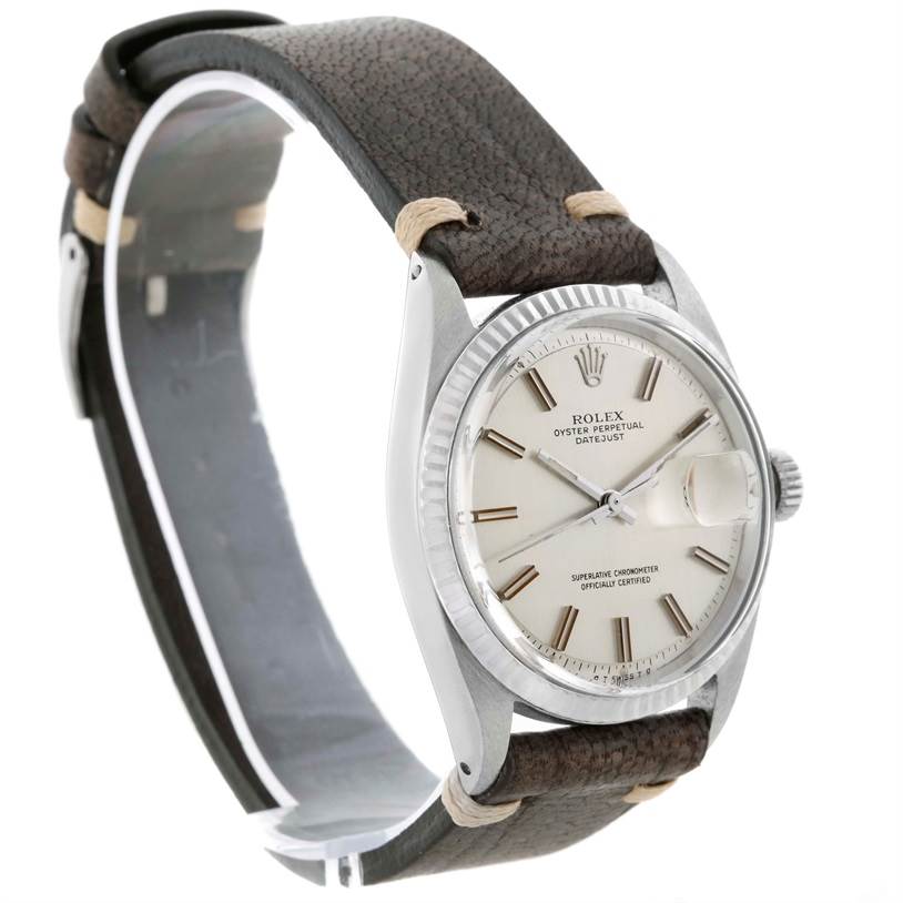 This Rolex Vintage Collection 1601 Men's Stainless Steel Silver Dial 1601 Men's Stainless Steel Silver Dial watch is shown in a three-quarter view displaying the dial, bezel, crown, and leather strap.
