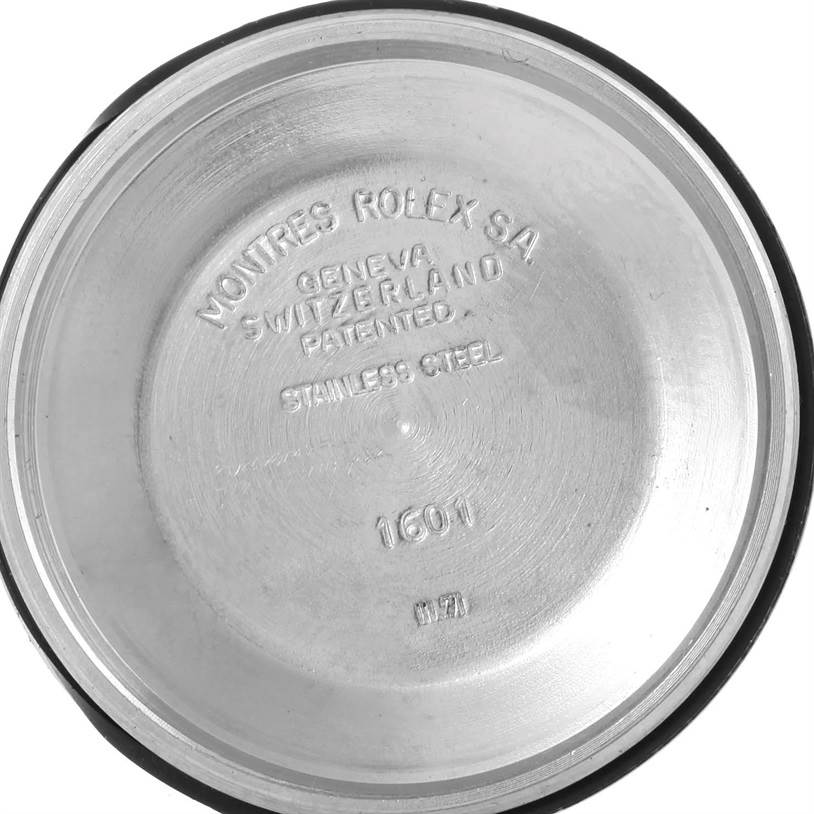 This is the inside view of a case back from a Rolex Vintage Collection 1601 Men's Stainless Steel Silver Dial 1601 Men's Stainless Steel Silver Dial model 1601.