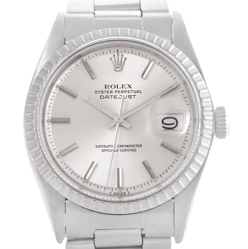 The image shows a Rolex Vintage Collection 1603 Men's Stainless Steel Silver Dial 1603 Men's Stainless Steel Silver Dial Oyster Perpetual Datejust watch, focusing on the dial, bezel, and part of the bracelet.