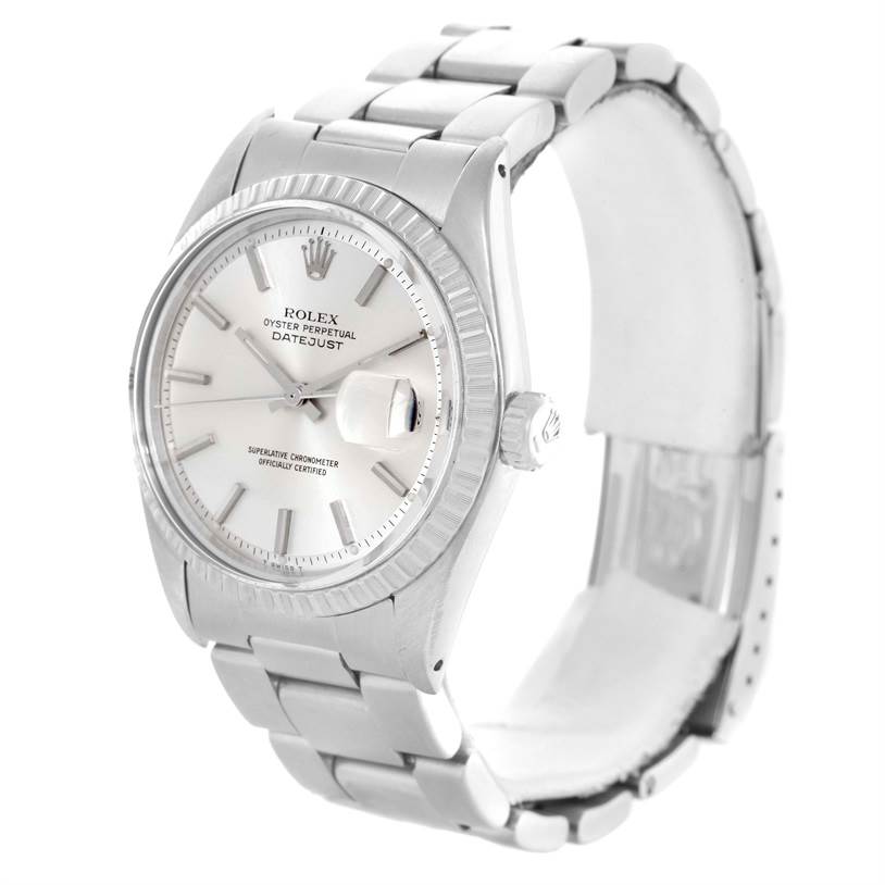 This is an angled view of the Rolex Vintage Collection 1603 Men's Stainless Steel Silver Dial 1603 Men's Stainless Steel Silver Dial Datejust watch showing the face, bezel, and bracelet.