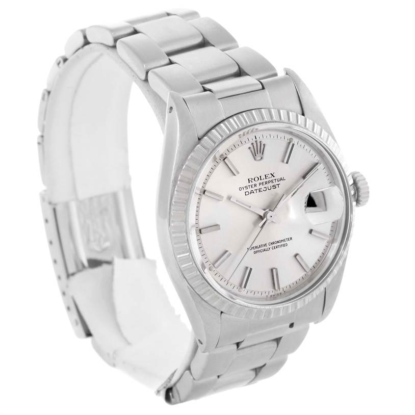 This is a frontal side view of the Rolex Vintage Collection 1603 Men's Stainless Steel Silver Dial 1603 Men's Stainless Steel Silver Dial Oyster Perpetual Datejust watch, showing the bracelet, dial, and crown.