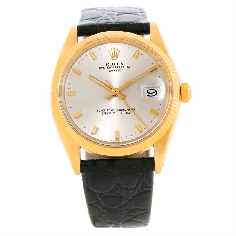 The Rolex Vintage Collection 1503 Men's Yellow Gold Silver Dial 1503 Men's Yellow Gold Silver Dial Oyster Perpetual model is shown from the front, displaying the face, dial, date window, and black leather strap.