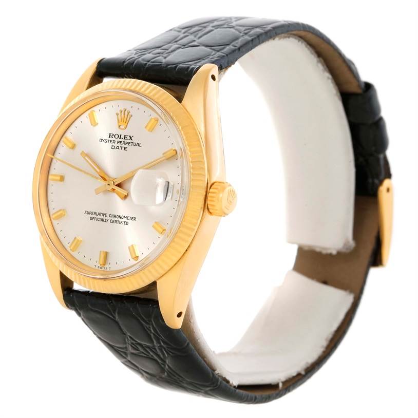 The Rolex Vintage Collection 1503 Men's Yellow Gold Silver Dial 1503 Men's Yellow Gold Silver Dial model watch is shown at an angled side view highlighting the face, case, crown, and leather strap.