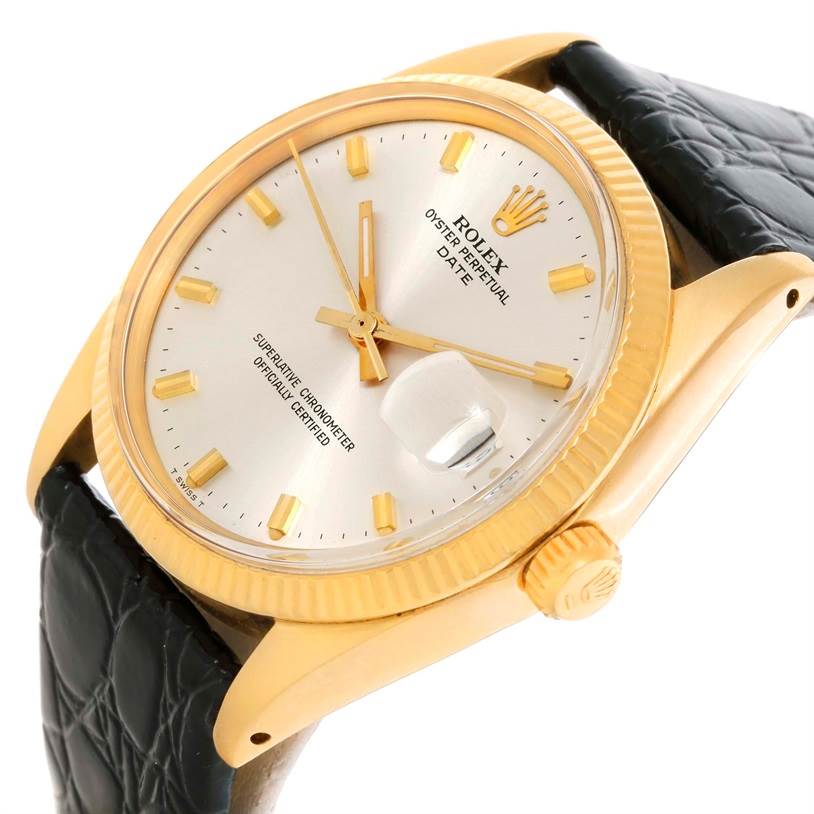 The image shows a close-up angled view of the Rolex Vintage Collection 1503 Men's Yellow Gold Silver Dial 1503 Men's Yellow Gold Silver Dial watch, highlighting its dial, bezel, crown, and part of the strap.