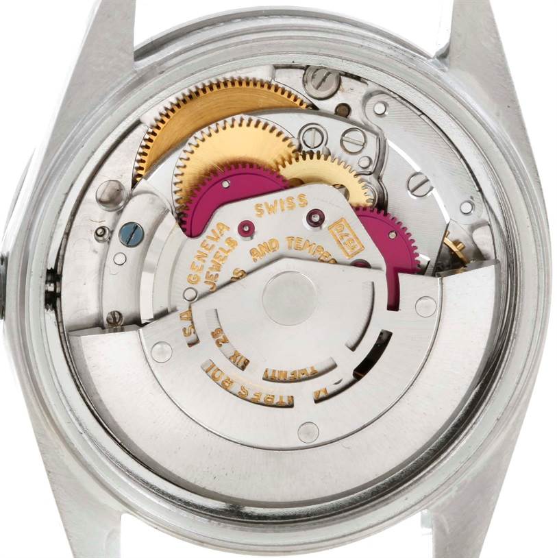 This image shows the inner mechanical components of the Vintage Collection model by Rolex from a rear angle.