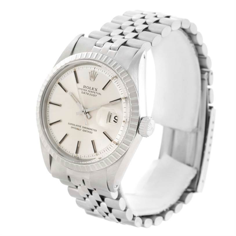This image shows the Rolex Vintage Collection 1603 Men's Stainless Steel Silver Dial 1603 Men's Stainless Steel Silver Dial model Datejust at a slight angle, highlighting the watch face and stainless steel bracelet.