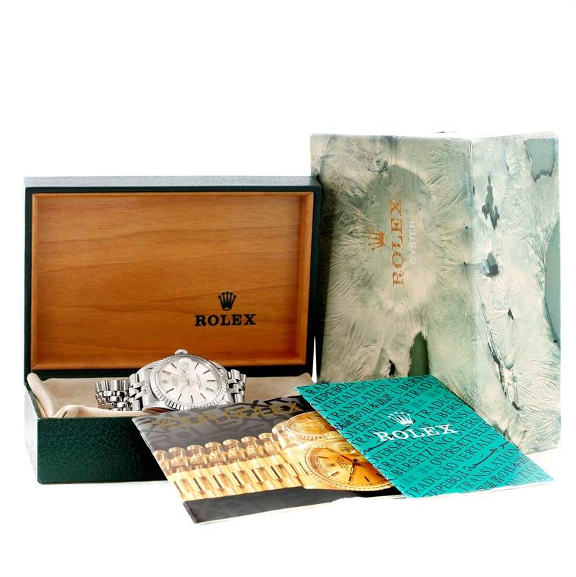 The image shows the Rolex Vintage Collection 1603 Men's Stainless Steel Silver Dial 1603 Men's Stainless Steel Silver Dial watch in its box with accompanying booklets and outer packaging.