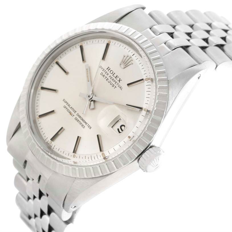 The image shows a Rolex Vintage Collection 1603 Men's Stainless Steel Silver Dial 1603 Men's Stainless Steel Silver Dial model from a slightly angled side view, highlighting the dial, bezel, crown, and bracelet.