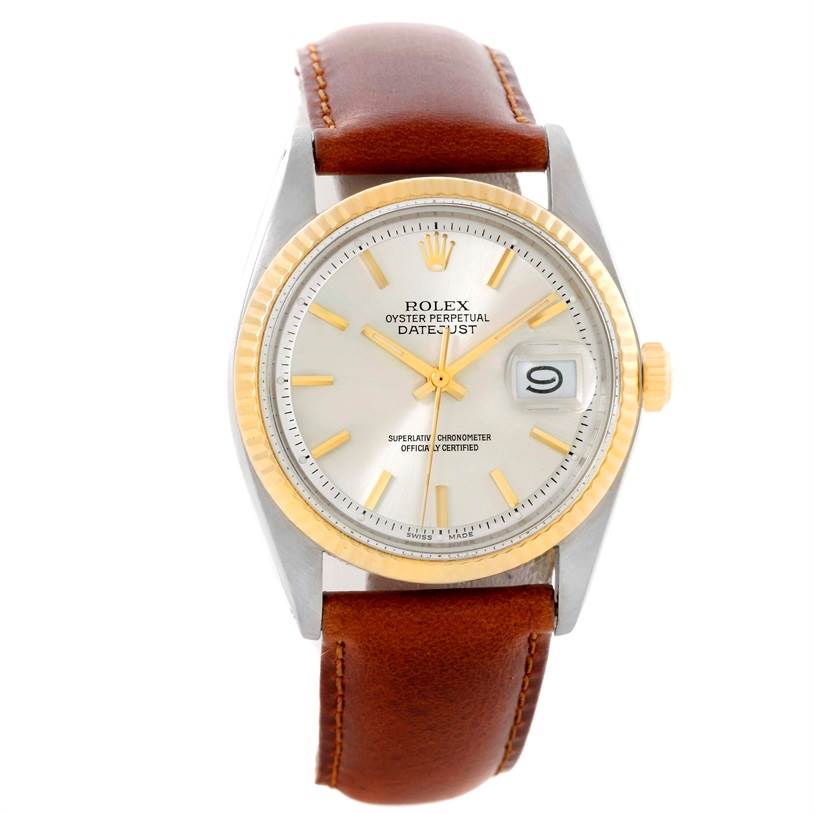 This image shows a front view of the Rolex Vintage Collection 1601 Men's Stainless Steel Silver Dial 1601 Men's Stainless Steel Silver Dial Datejust watch, highlighting the dial, bezel, and leather strap.
