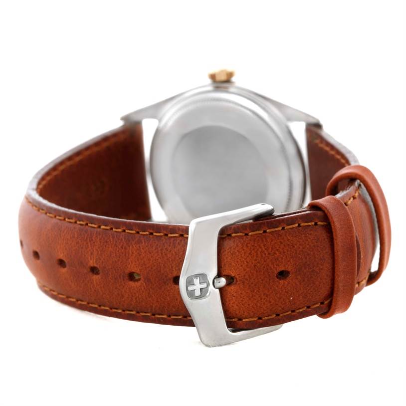 The image shows the back view of the Rolex Vintage Collection 1601 Men's Stainless Steel Silver Dial 1601 Men's Stainless Steel Silver Dial watch with a brown leather strap and metal buckle clasp.