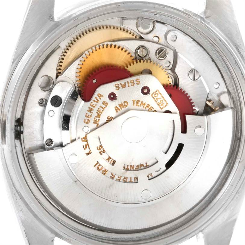 This image shows the movement and inner mechanisms of a Rolex Vintage Collection 1601 Men's Stainless Steel Silver Dial 1601 Men's Stainless Steel Silver Dial model from the back view.